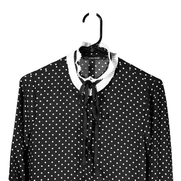 Zara Blouse Button Up Black White Polka Dot Tie Neck Pleated Coquette Top XS - Picture 5 of 9